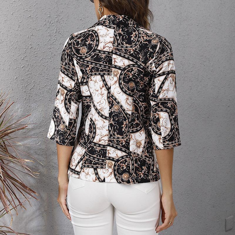 Danmo Autumn 3/4 Sleeve Cardigan Jacket Fashion Printing Button Slim Office Lady Blazer Women Elegant Turn-Down Collar Suit Coats