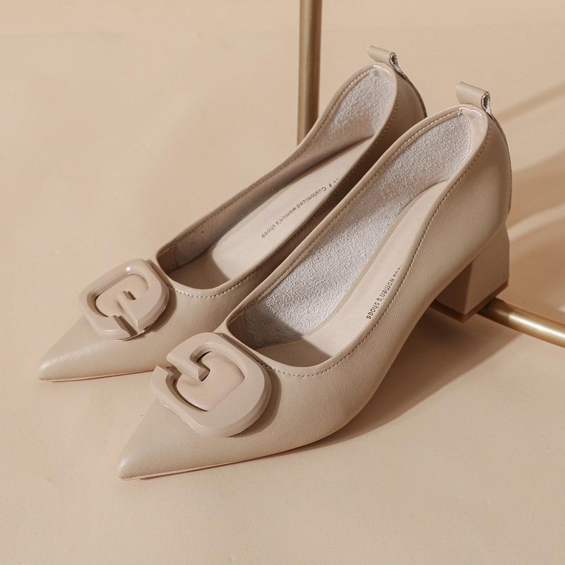 Кожаные толстые каблуки высокие каблуки женственные туфли мягкие кожаные удобные не устающие ноги одинарные туфли бежевые