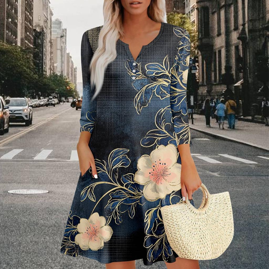 Women's Summer Dress Loose V Neck Three-quarter Sleeve Sundress With Pockets Dress