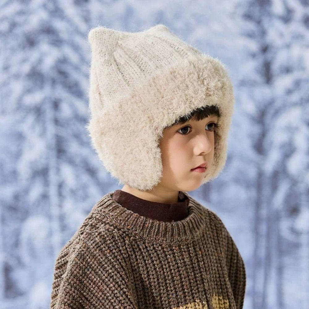 Ribbed Knit Knit Earflap Beanie Plush Lining Cat Ear Beanie New Plush Lined Hat For Children