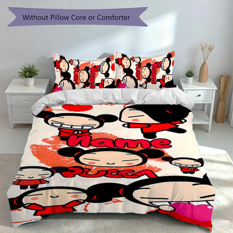 3pcs Custom Name Pucca Bedding Set,Includes 1 Duvet Cover and 2 Pillowcases,All-season Bedroom Decor
