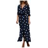 Women's Fashion Casual Polka Dot Print Lapel Long Sleeves Single-breasted Stitching Loose Waist Hem Split Chiffon Dress