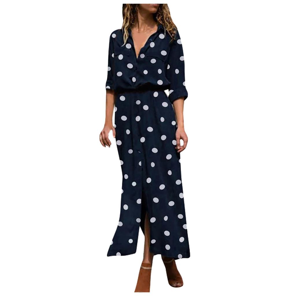Women's Fashion Casual Polka Dot Print Lapel Long Sleeves Single-breasted Stitching Loose Waist Hem Split Chiffon Dress
