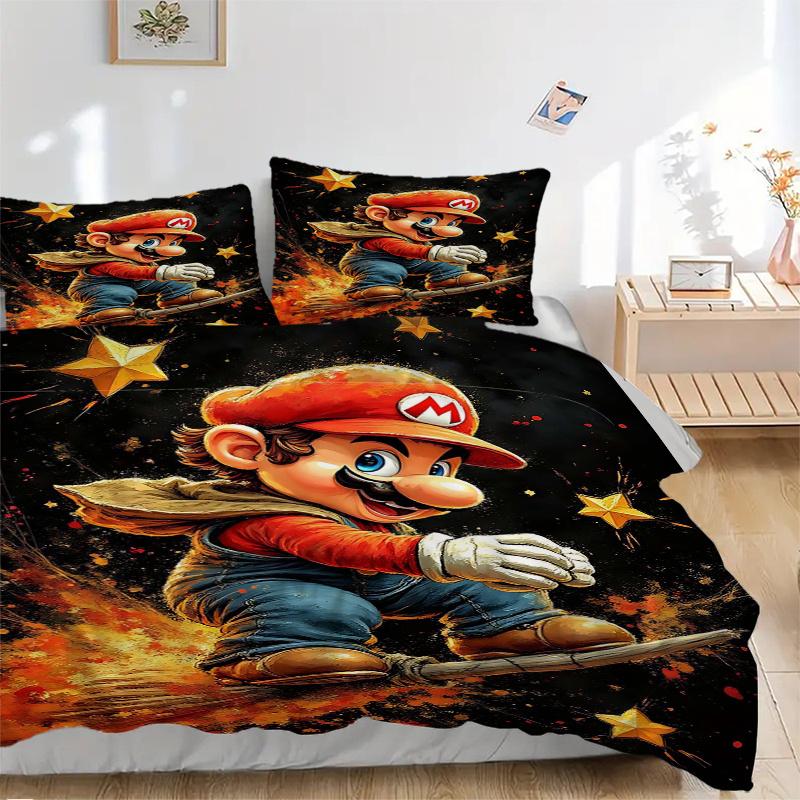 3 шт. Постельное белье с принтом Super Mario, Мягкий и удобный пододеяльник для спальни, гостевой комнаты (1 Пододеяльник + 2 Наволочки, Наполнитель для подушек N