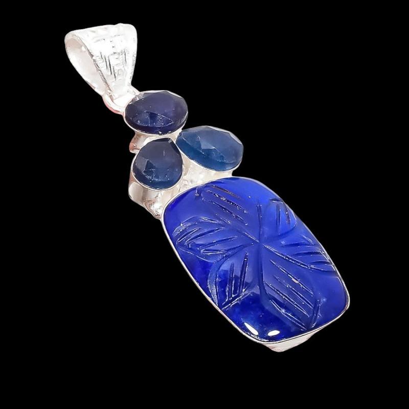 Burmese Sapphire Gemstone Handmade 925 Sterling Silver Jewelry Pendant 2.56" AH-5210