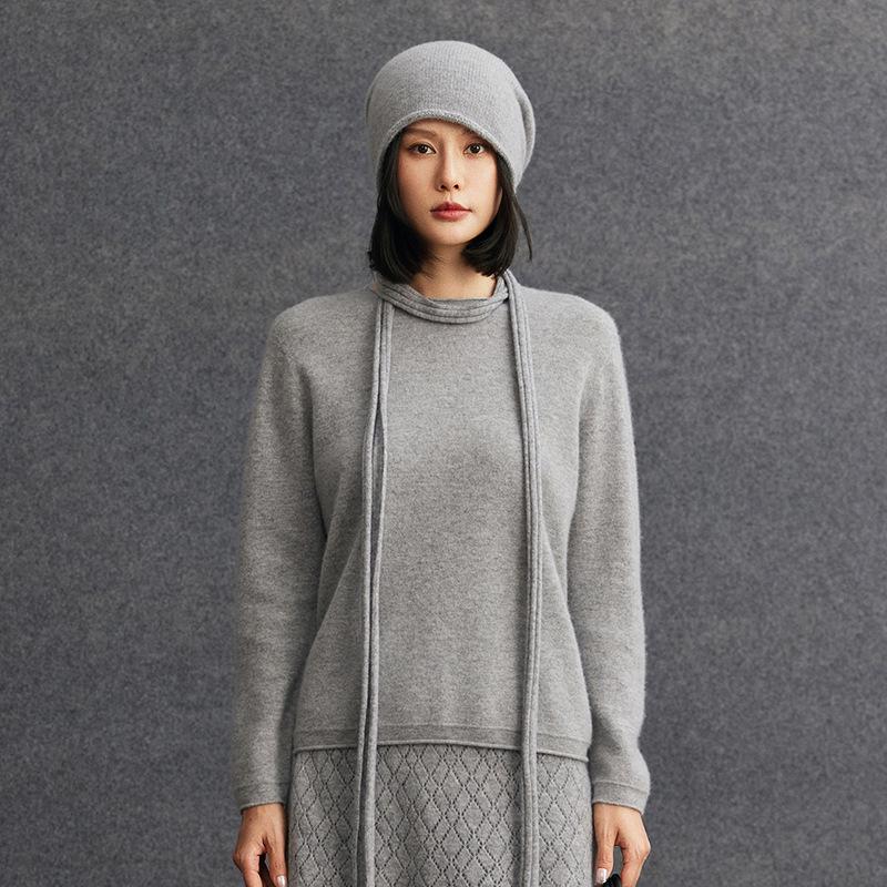 Women's Cashmere Rolled Edge Pullover - 2026 Autumn Round Neck Solid Color Knit Sweater