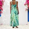 Women Plus Size Scoop Neck Strappy Sleeveless Teal Yellow Tropical Leaf Printed A Line Maxi Dress