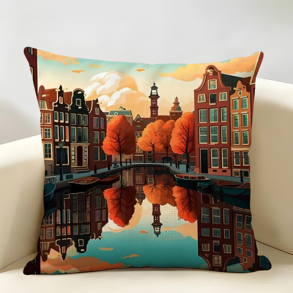 Amsterdam Netherlands Cushion Cover Natural Linen Organic Fabric Double-Sided Printing Breathable Perfect For Home Decor