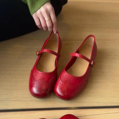 Ретро туфли на плоской подошве, туфли Мэри Джейн из натуральной кожи с квадратным носком и неглубоким вырезом, красные маленькие одинарные туфли с ремешком для женщин