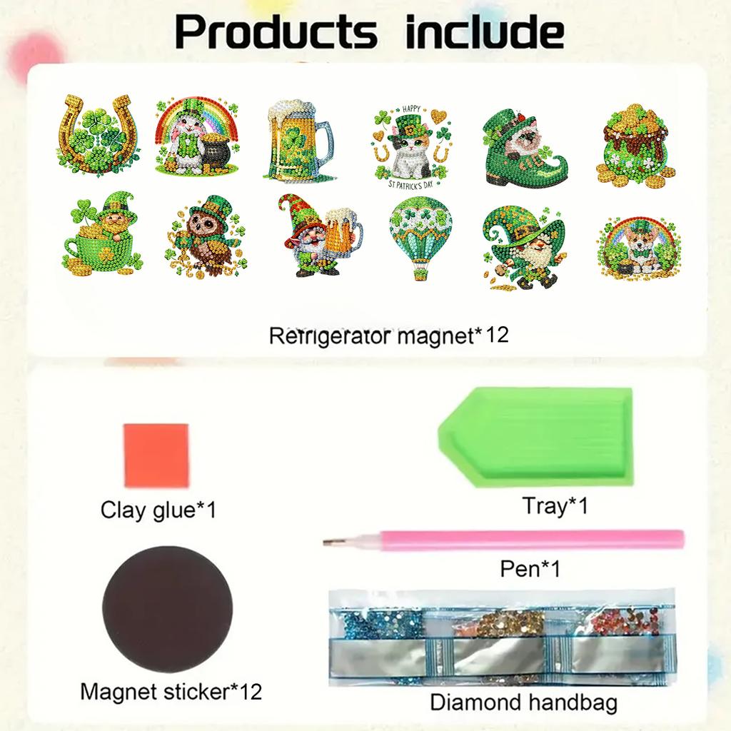12Pcs St Patricks Day DIY Diamond Painting Magnets Kits Diamond Art Stickers Refrigerator Painting Kits for Beginners Home Decor