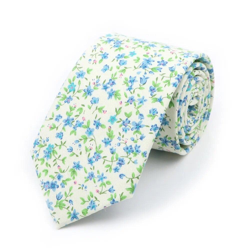 Floral Tie, For Men Women, 100% Cotton, Elegant Flower Necktie, White, Blue, Narrow Skinny, Wedding, Party