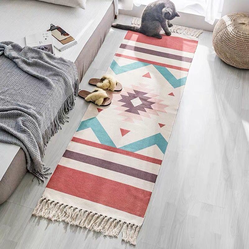 Nordic Moroccan Printed Carpet Hand-woven Cotton Linen Floor Mats Modern Home Living Room Decor Rug Bedroom Bedside Foot Mats