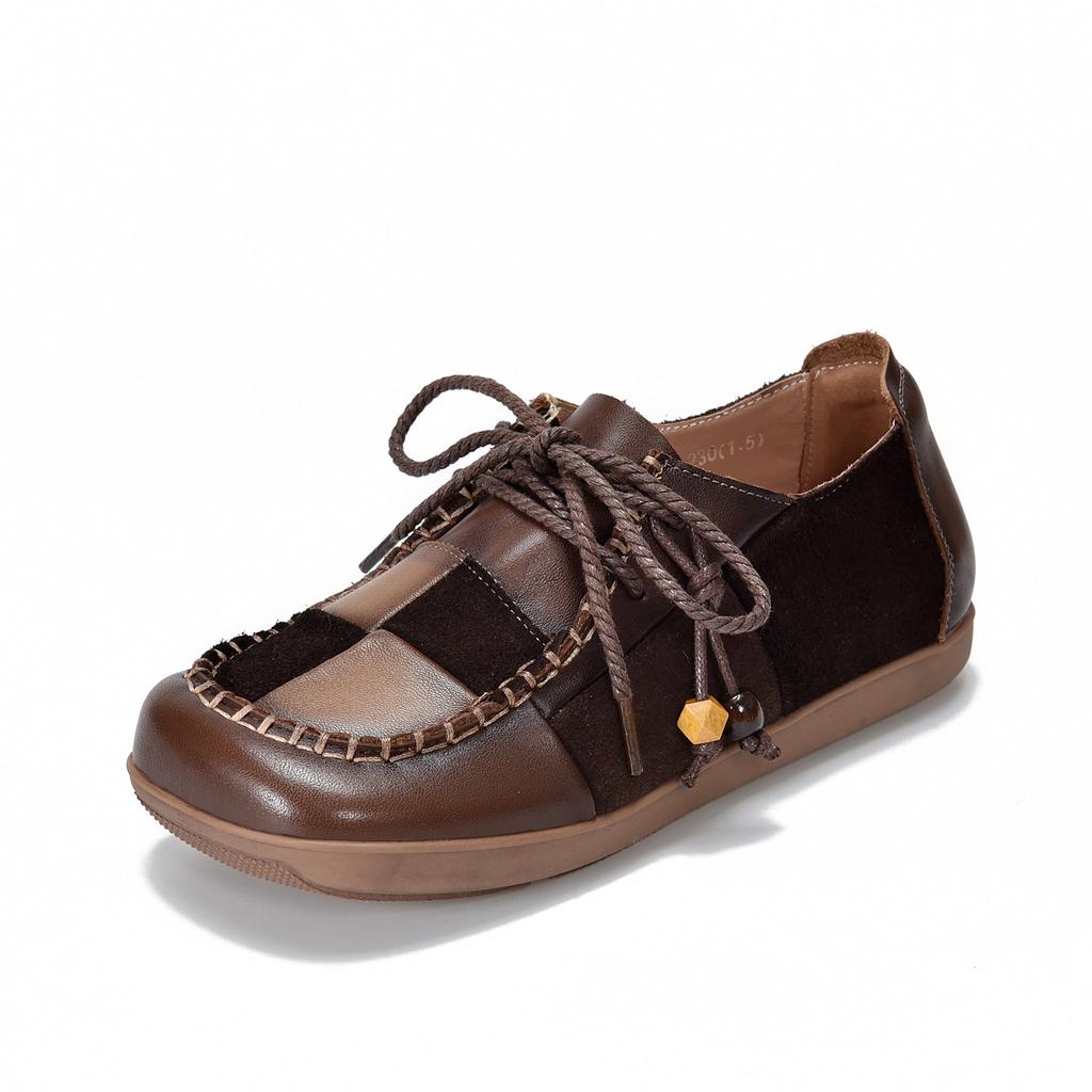 Johnature Туфли-балетки из натуральной кожи контрастного цвета с квадратным носком, прошитые, на шнуровке, на мягкой подошве, женские