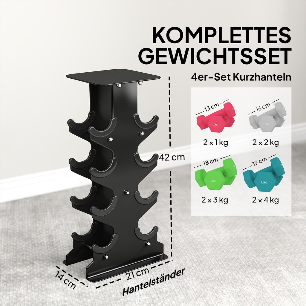 Hex Dumbbells Set with Dumbbell Rack, Hand Weights for Home Gym Strength Training, 2 x 1kg, 2 x 2kg, 2 x 3kg, 2 x 4kg