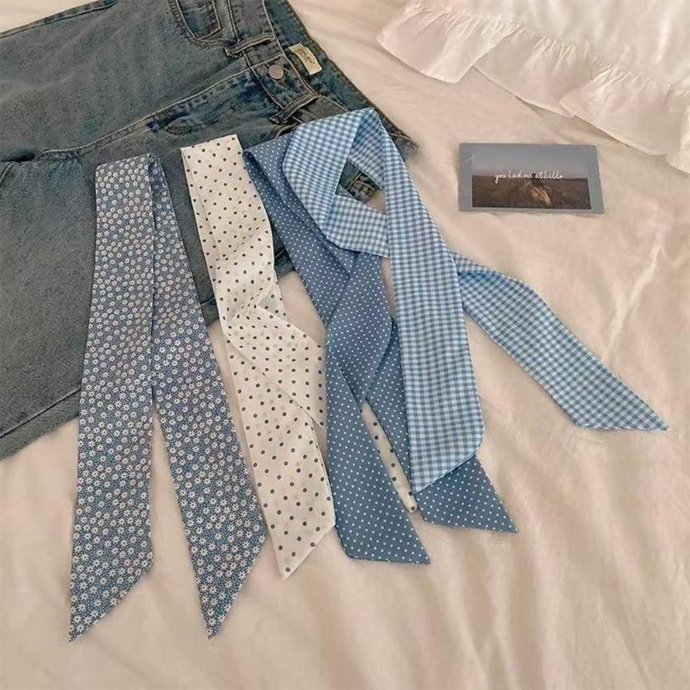 Flower Plaid Polka Dot Hair Band Light Blue Series Long Neck Scarves  Hair Accessories