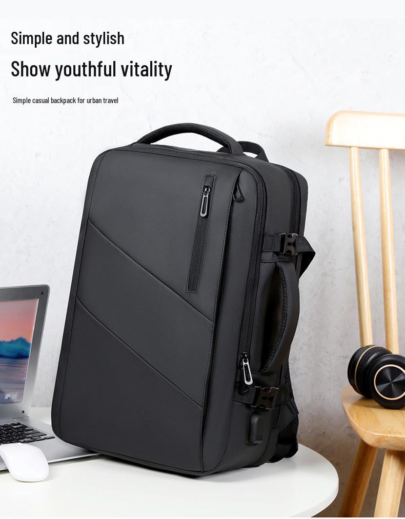 Expandable USB Business Backpack: Water-Repellent, Large Capacity, Leather Film for Men's Commute & Travel
