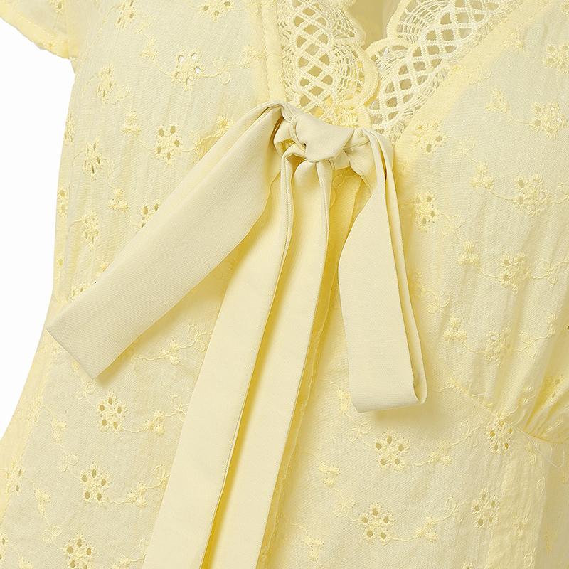 VONDA Women V Neck Short Sleeve Embroidery Buttons Up Crochet Lace Casual Blouse