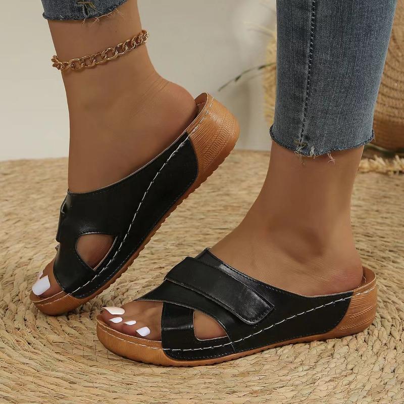Large Size Thick-soled Hollow Slippers Summer New Casual Velcro Women's Slope Heel Cool Slippers