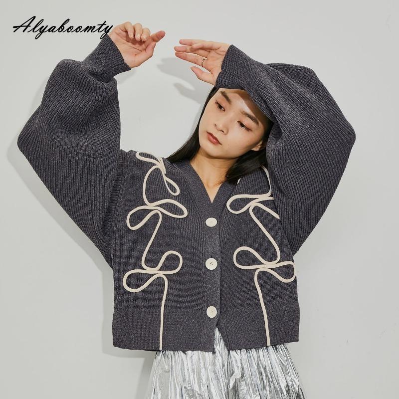 2025 Spring Autumn Women Stylish Knitted Cardigan V Neck Beige Gray Khaki Baggy Sweater Korean Fashion Streetwear Ladies' Basic Knitting Outerwear