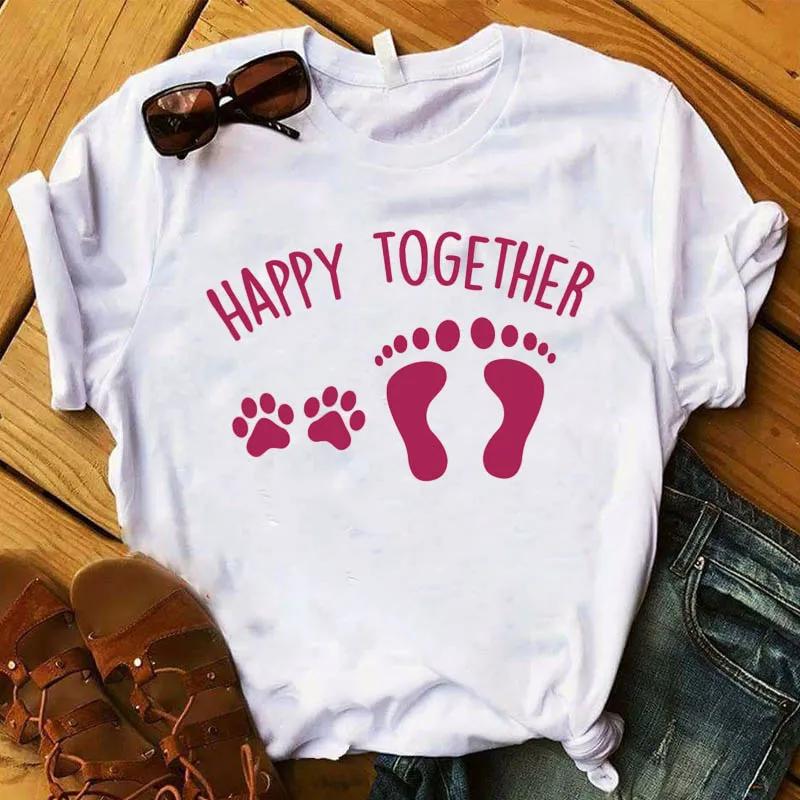Women T Graphic Flower Never Walk Alone Dog Paw Fashion Printed Top Tshirt Female Tee Shirt Ladies Clothes Tshirt