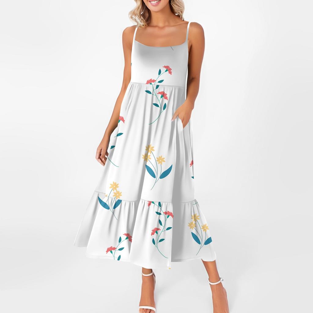 Women's Long Beach Casual Elegant Spaghetti Strap Maxi Dress Floral Low-key Flowing Bohemian Dress