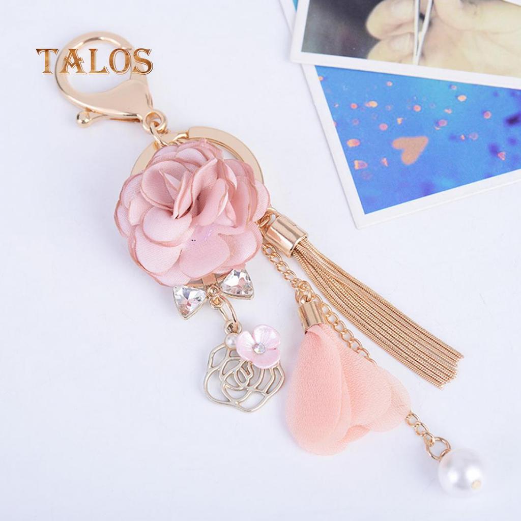 Fabric Flower Long Tassel Keychain Key Chain Keyring Women Handbag Hanging Decor Suspension Trinket