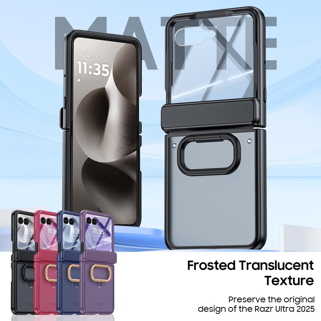 Для Motorola Razr Ultra 2025 / Razr Ultra 2026 со встроенной защитой экрана, держателем-кольцом, защитой шарнира, прочным чехлом, полупрозрачной матовой крышкой - Черный
