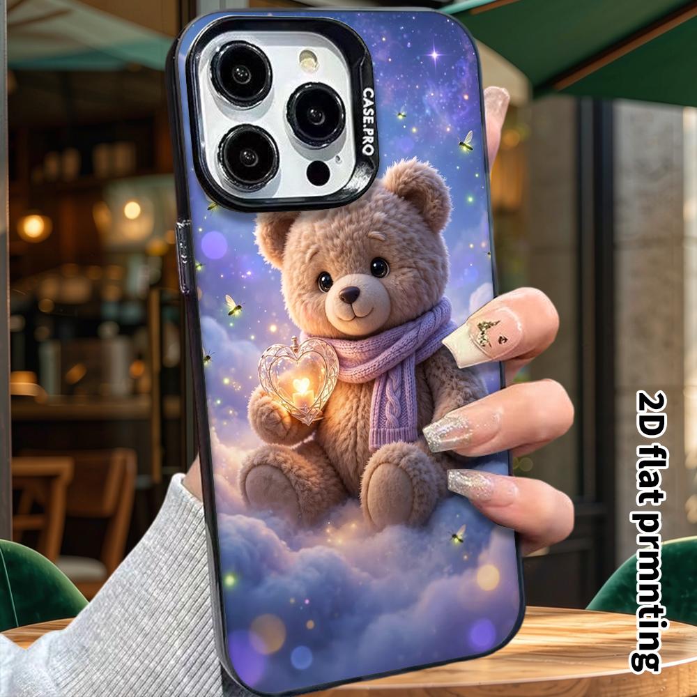 Phone Case: 2D flat design, suitable for iPhone 18 17 16 15 14 13Pro in rainbow silver, couple style, heart light little bear, Christmas and Halloween