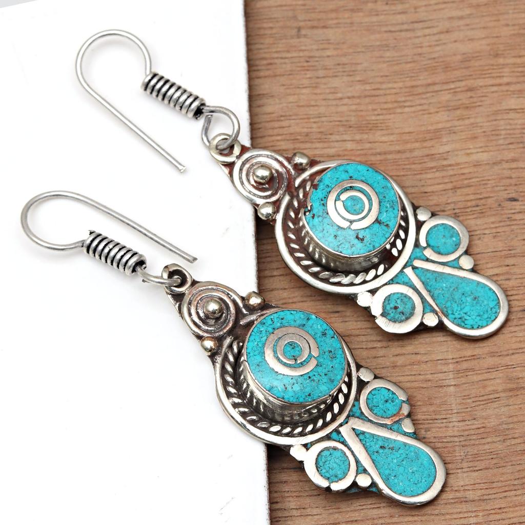 Tibetan Turquoise Coral Red Earrings Nepali Tribal 12gms 1.5" 1.6" Chunky Gift