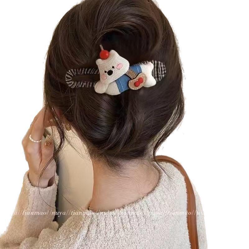 Cute Cartoon Dog Plaid Hair Clip - Versatile Fabric Duckbill Hairpin for Buns & More