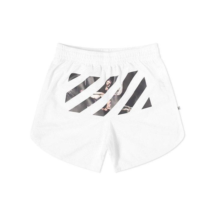 OFF WHITE Шорты-сетка с принтом Караваджо и стрелами OMCI005S201010040188