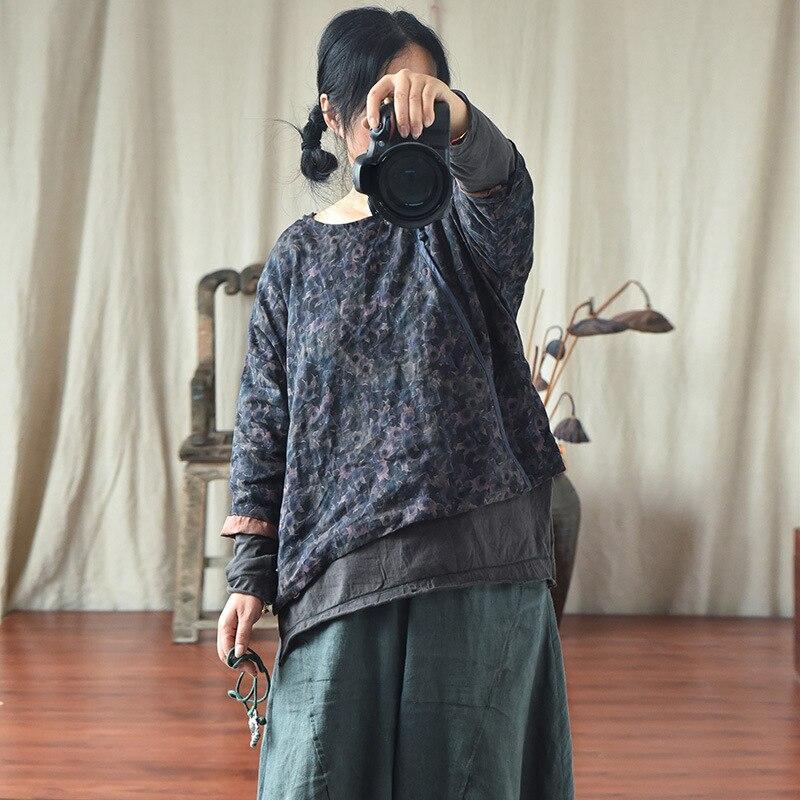 Johnature Women Vintage Button Coats O-neck Long Sleeve Print Floral Loose Clothes Autumn Cotton Linen Casual Coat