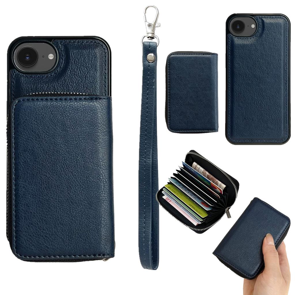 Чехол для iPhone 16e Съемный карман на молнии для карт PU TPU Подставка Чехол для телефона с ремешком