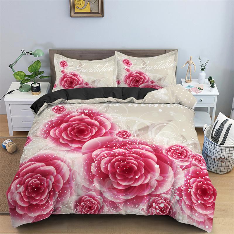 3D Design Flower Duvet Cover Sets Queen Size Floral Print Set Sleeping Decor Black Quilt/Comfort Cover With Pillows