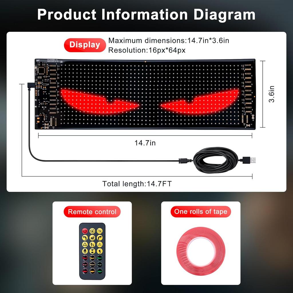 14.7"X3.6" LED Eyes For Car Windshield - Devil Eyes Light Strips With Dynamic Patterns, APP/Remote Control, IP68 Waterproof, USB-Powered For