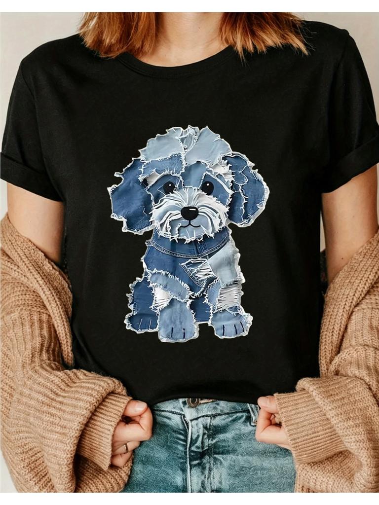 Fashionable ShortSleeve TShirt for Women Featuring a CowboyStyle Puppy Pattern Made from Stretchy Fabric Perfect for Spr