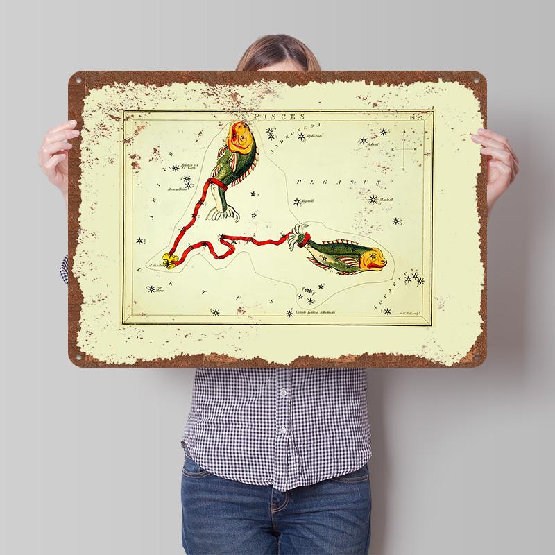 Zodiac Sign Pisces Tinplate Poster Customized Wall Art Vintage Metal Signs Retro Tin Plaque for Decoration Living Room Man Cave