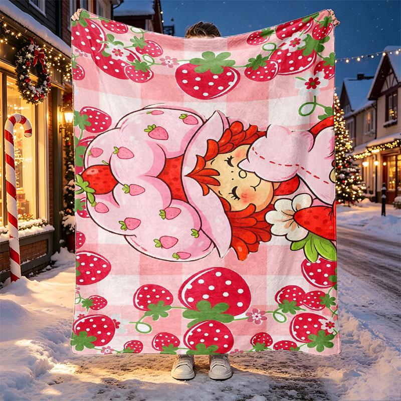 Strawberry Shortcake Pattern Blanket for Home Decoration, Bed, Sofa, Car Travel, Camping, Suitable for All Seasons, Birthday Christmas Gift
