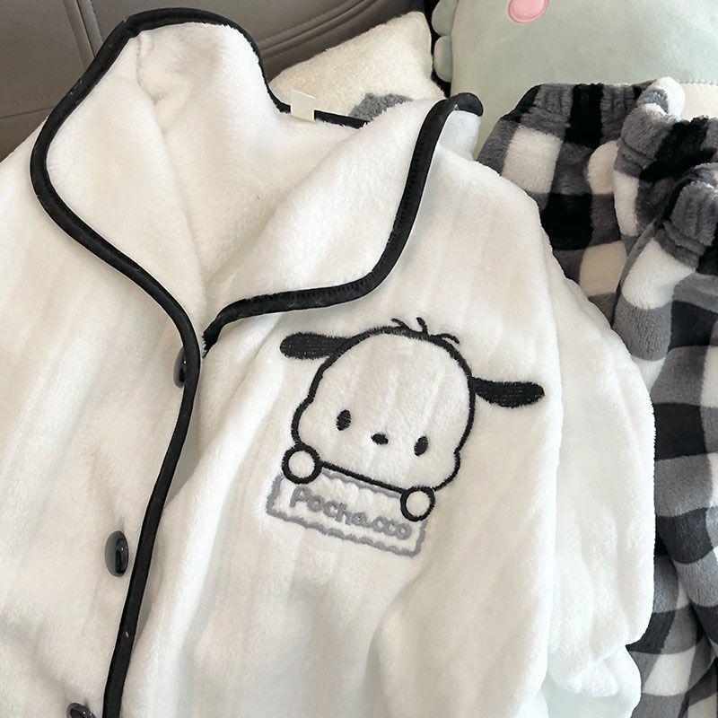 Женский зимний комплект пижамы Bao Xi - Кардиган из кораллового флиса и фланелевые брюки с мультяшным принтом, для ношения дома или на улице.