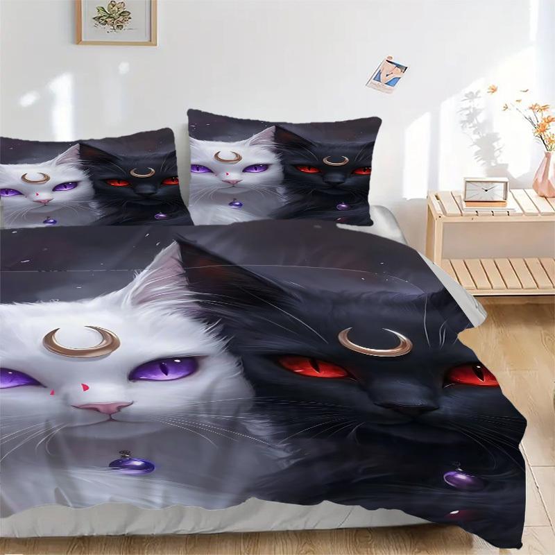 3pcs Crescent Moon Cats Duvet Cover Set - Machine Washable, Includes 1 Cover and 2 Pillowcases, No Core Included yy251013108