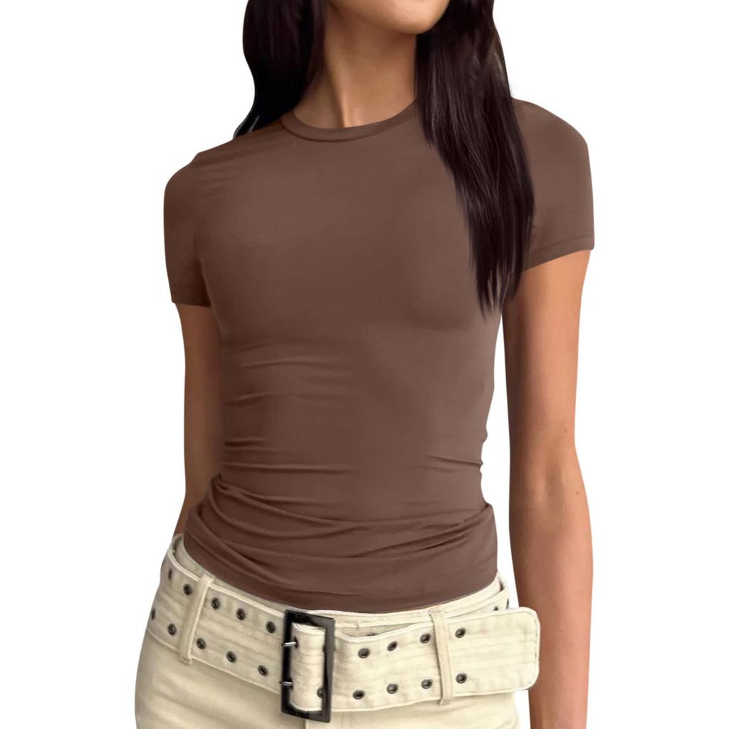 Women Short Sleeve Soild Sexy Cute Tee Slim Fit Tight Crop-Top T Shirt