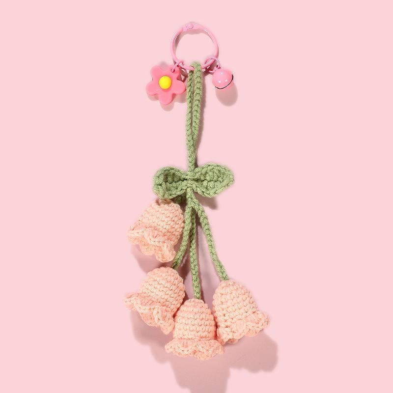 Women Bell Orchid Keychain With Bell Cute Crocheted Handbag Charms Wind Chimes Flower Keyring Bag Pendants Handmade Knitted