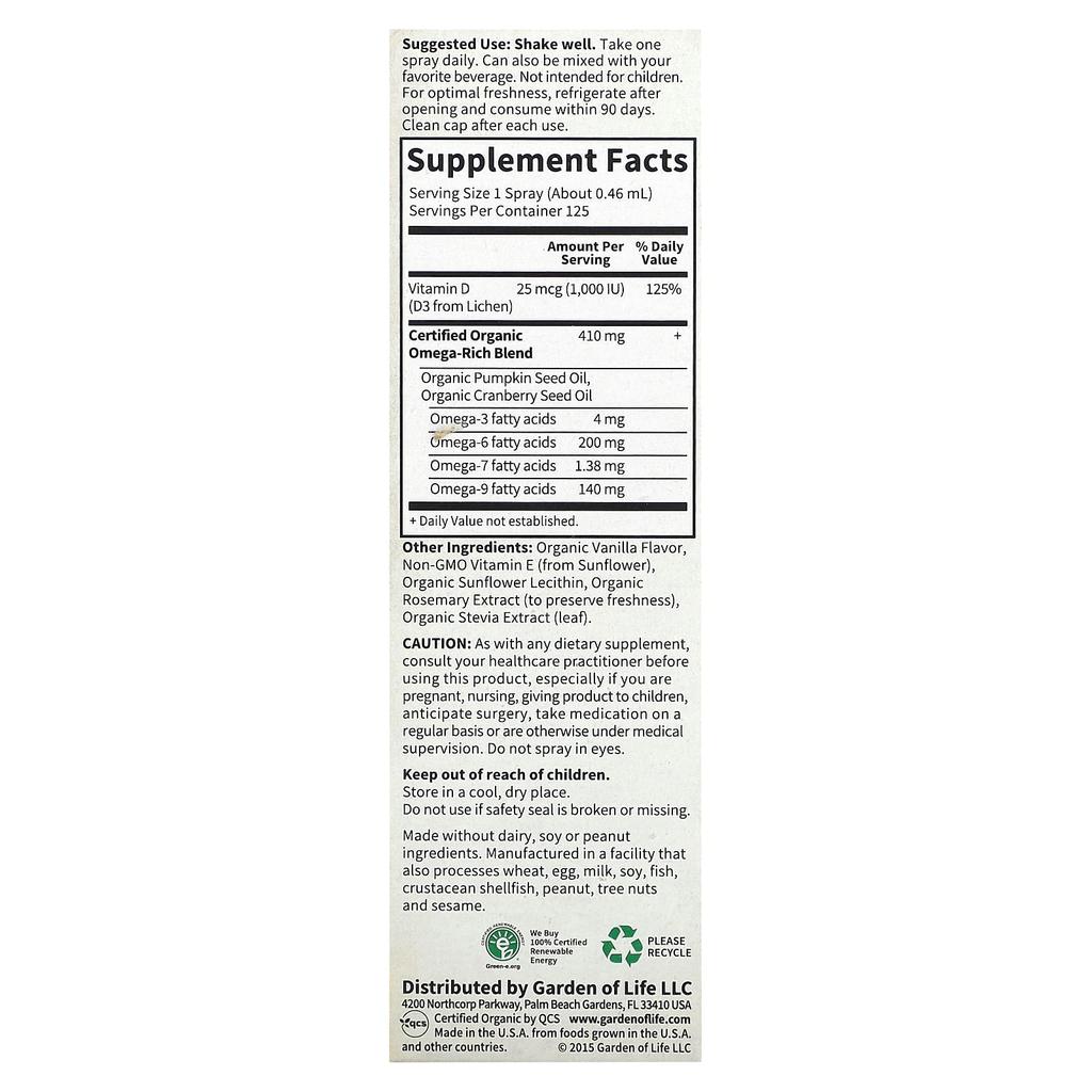 Garden of Life, MyKind Organics, веганский D3 органический спрей, ваниль, 25 мкг (1000 МЕ), 2 жидкие унции (58 мл)
