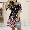 Women Plus Size Off Shoulder Short Sleeve Tie Cuff Black Floral Printed A Line Dress