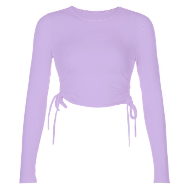 Сексуальные облегающие укороченные топы с круглым вырезом и длинными рукавами, осенняя женская трикотажная однотонная футболка с нерегулярной завязкой на шнурке