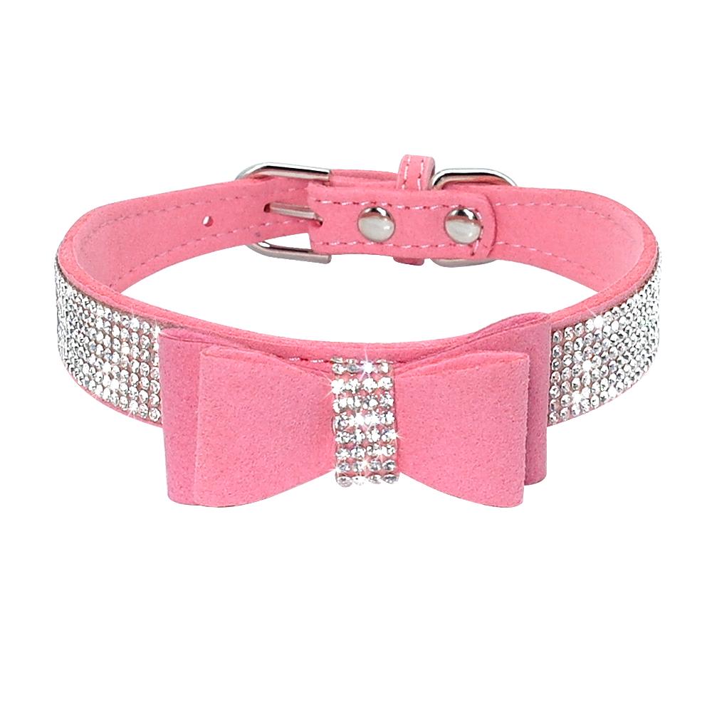 Small Medium Bling Rhinestone Suede Leather Bowknot Accessories Dog Collar Adjustable Pet Puppy Kitten Pug Necklace Collars