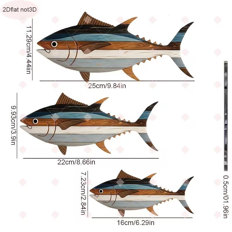 Набор из 3 деревянных настенных украшений в виде тунца, многоразовый, подходит для декора дома, офиса и гостиной.