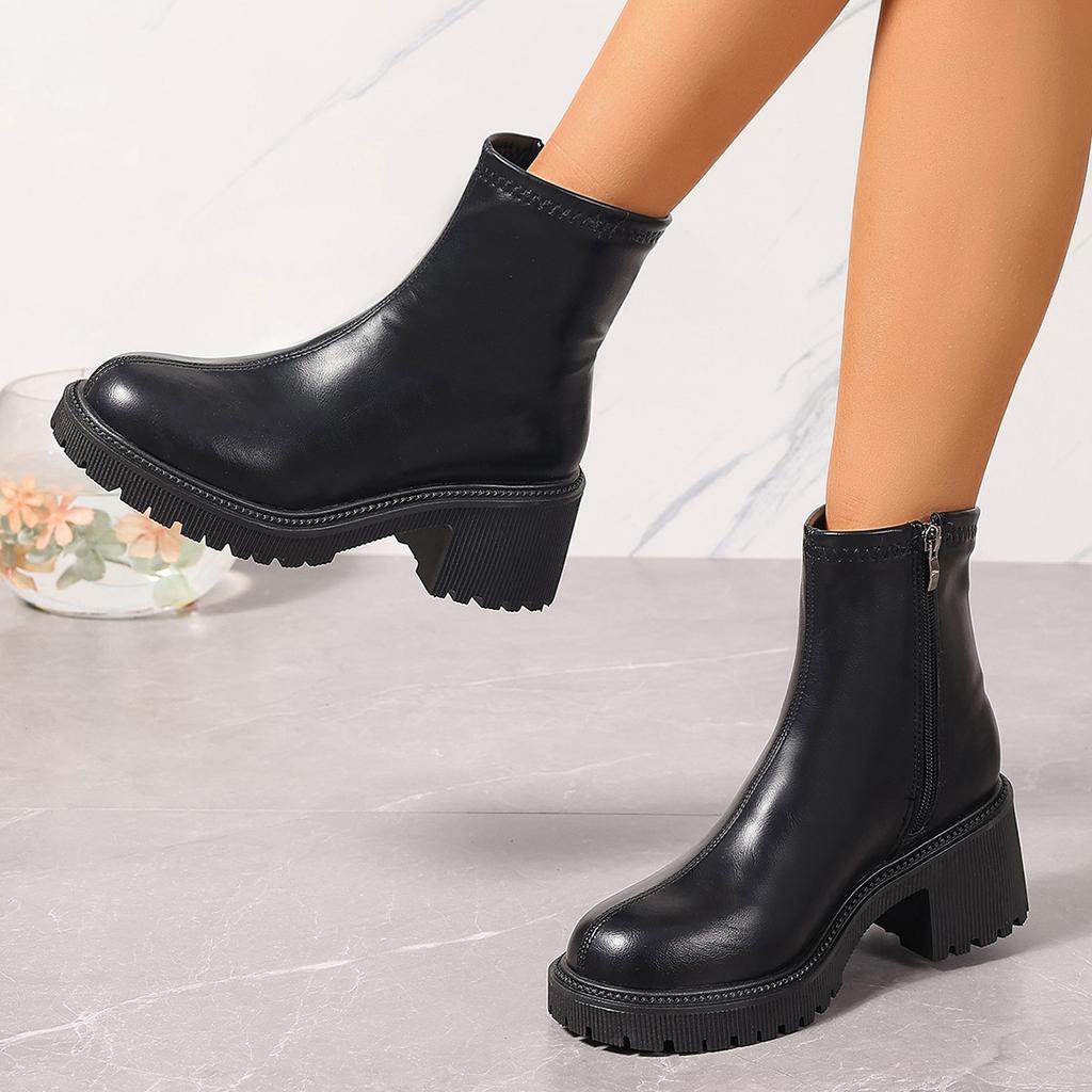 Мода Модные толстые высокие каблуки ботильоны женские 2024 осень боковая молния PU кожаные ботинки женские большие размеры черные толстые каблуки ботильоны
