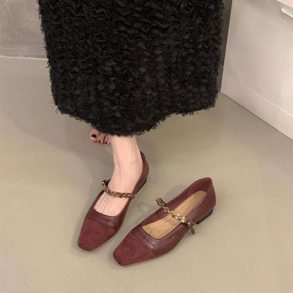 French Low-heeled Red Mary Jane Single Shoes Women's Shoes 2025 New Spring and Autumn Retro Splicing Black Commuter Shoes