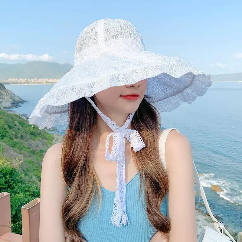 Women Big Eaves Lace Bucket Hat Summer Hollow Thin Sun Hat Strap Foldable Sun Hat